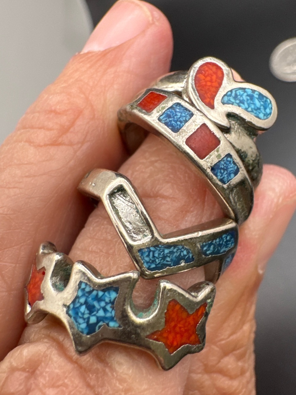 Sterling Silver Inlay Star & Teardrop Adjustable Ring - Blue & Orange